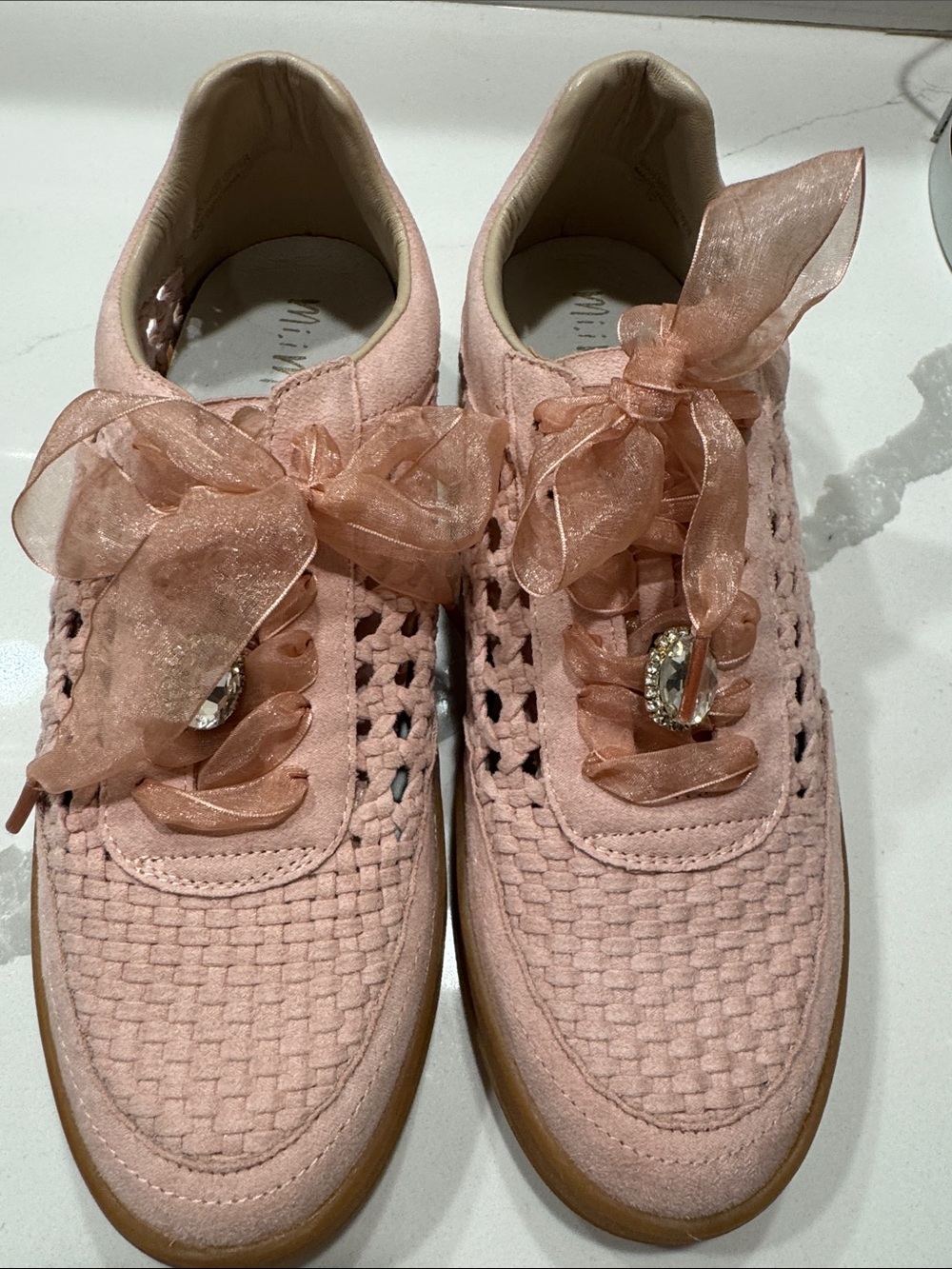 Blush Pink Woven Ribbon Lace Sneakers with Crystal Detail